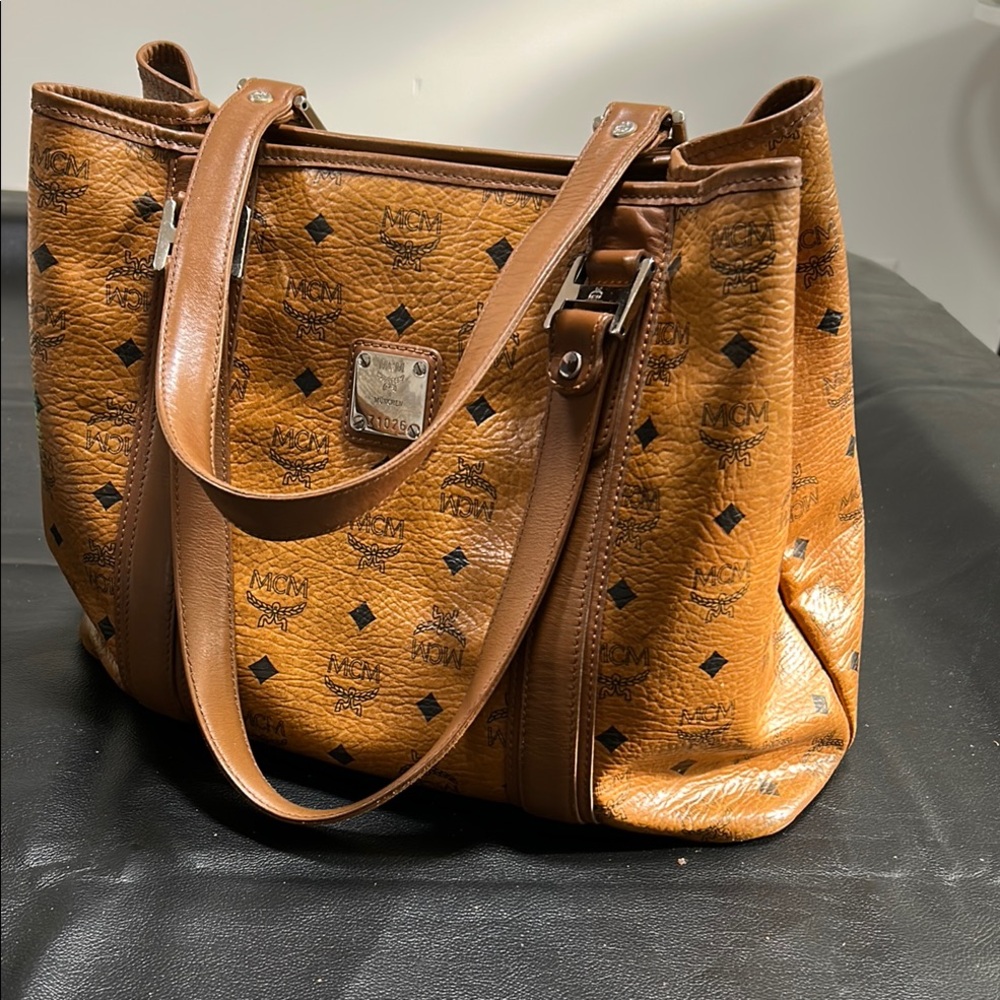 MCM Tan Leather Tote with Black Accents